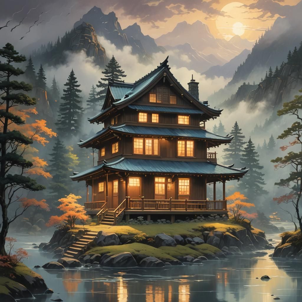 Glowing Cabin in Mist: Ukiyo-e Japanese Art