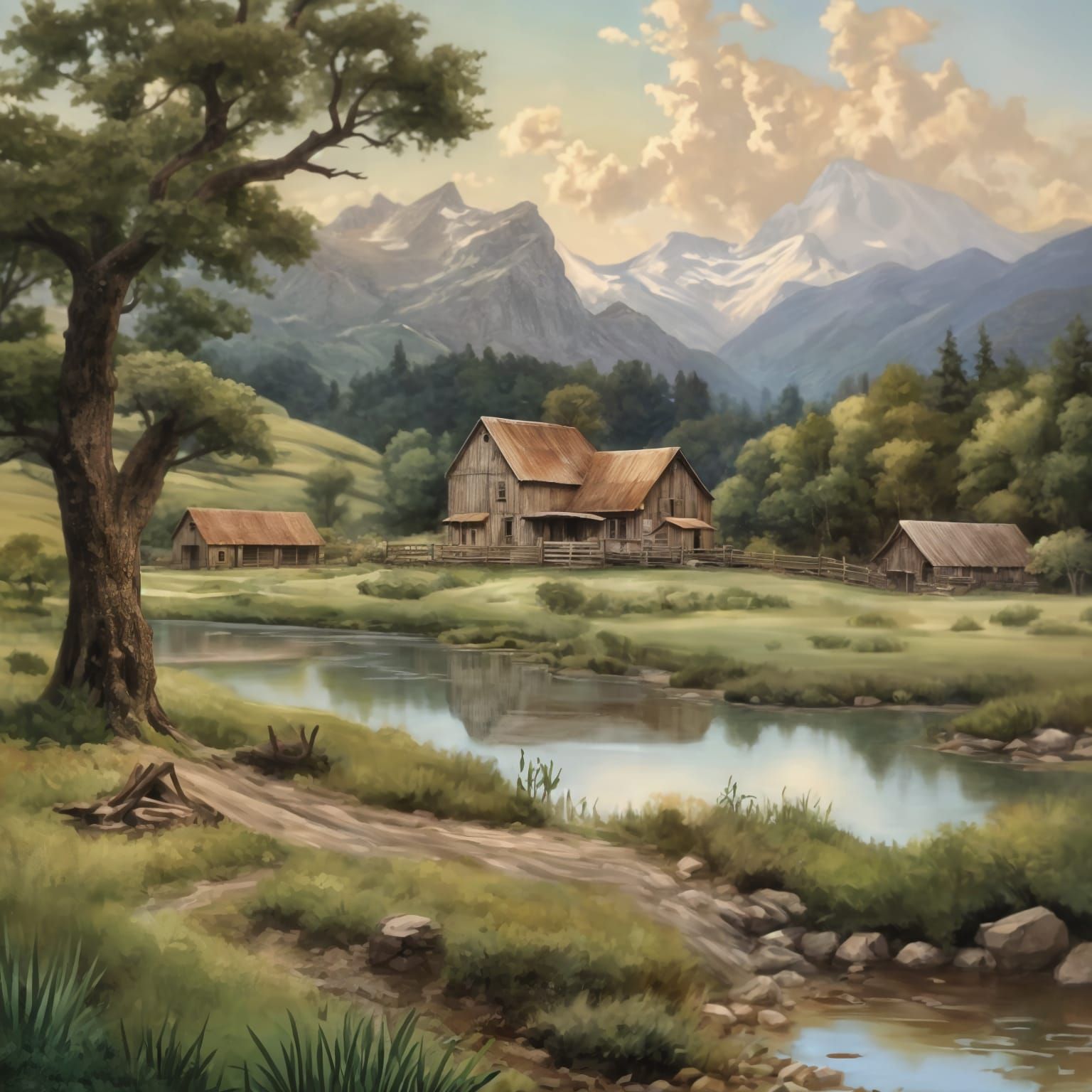 Picturesque Farm in Mountain Landscape with Pond