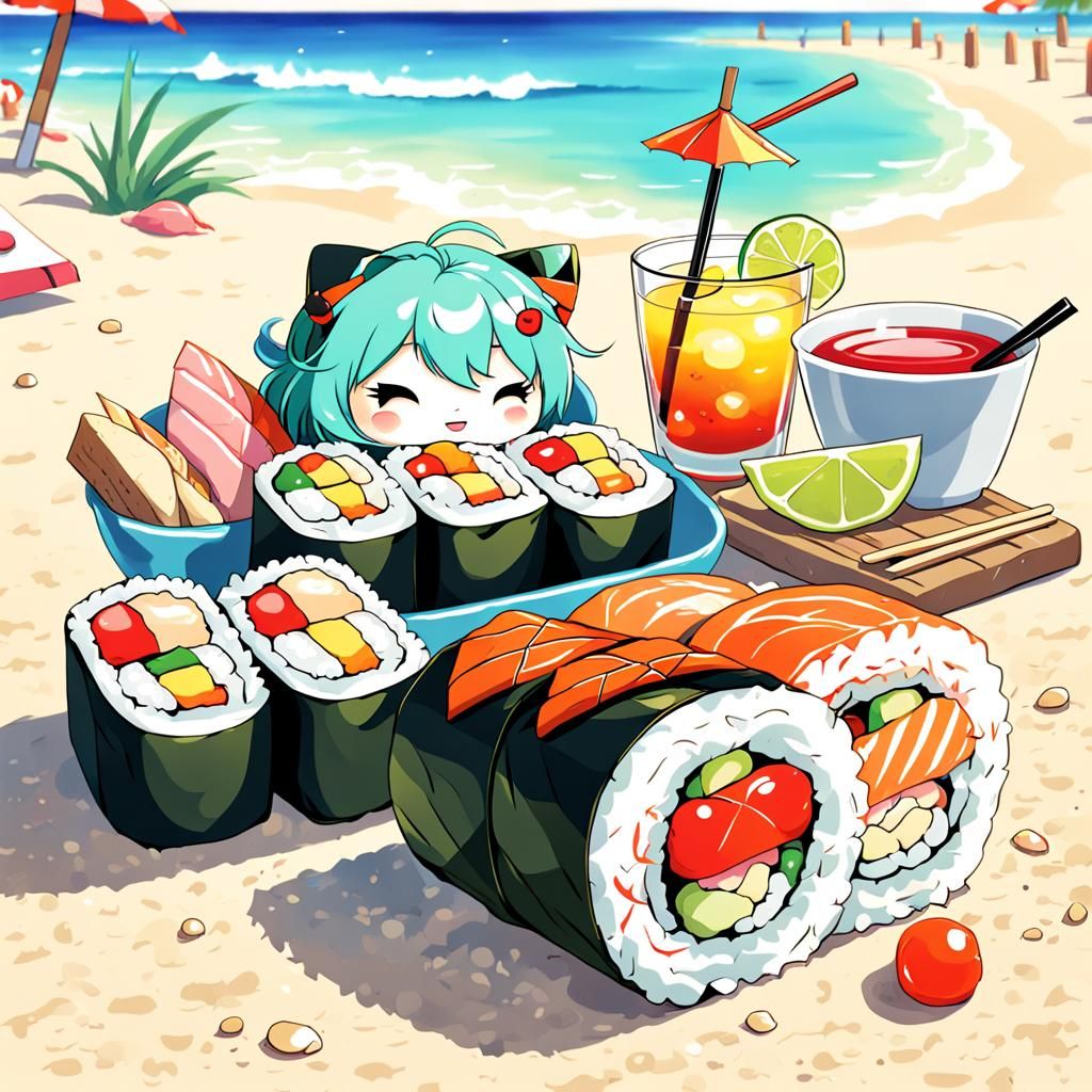 Sushi Roll on Beach in 80s Anime Style