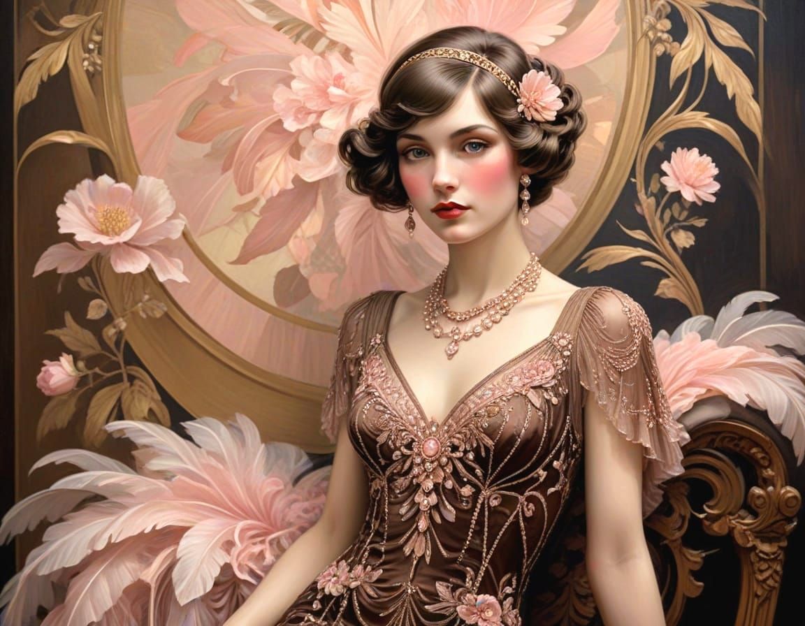 Art Deco Woman in Chocolate and Pink Gown