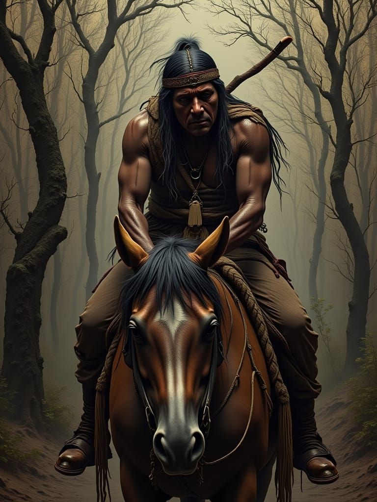 Proud Apache Warrior on Horseback in Chiaroscuro Style