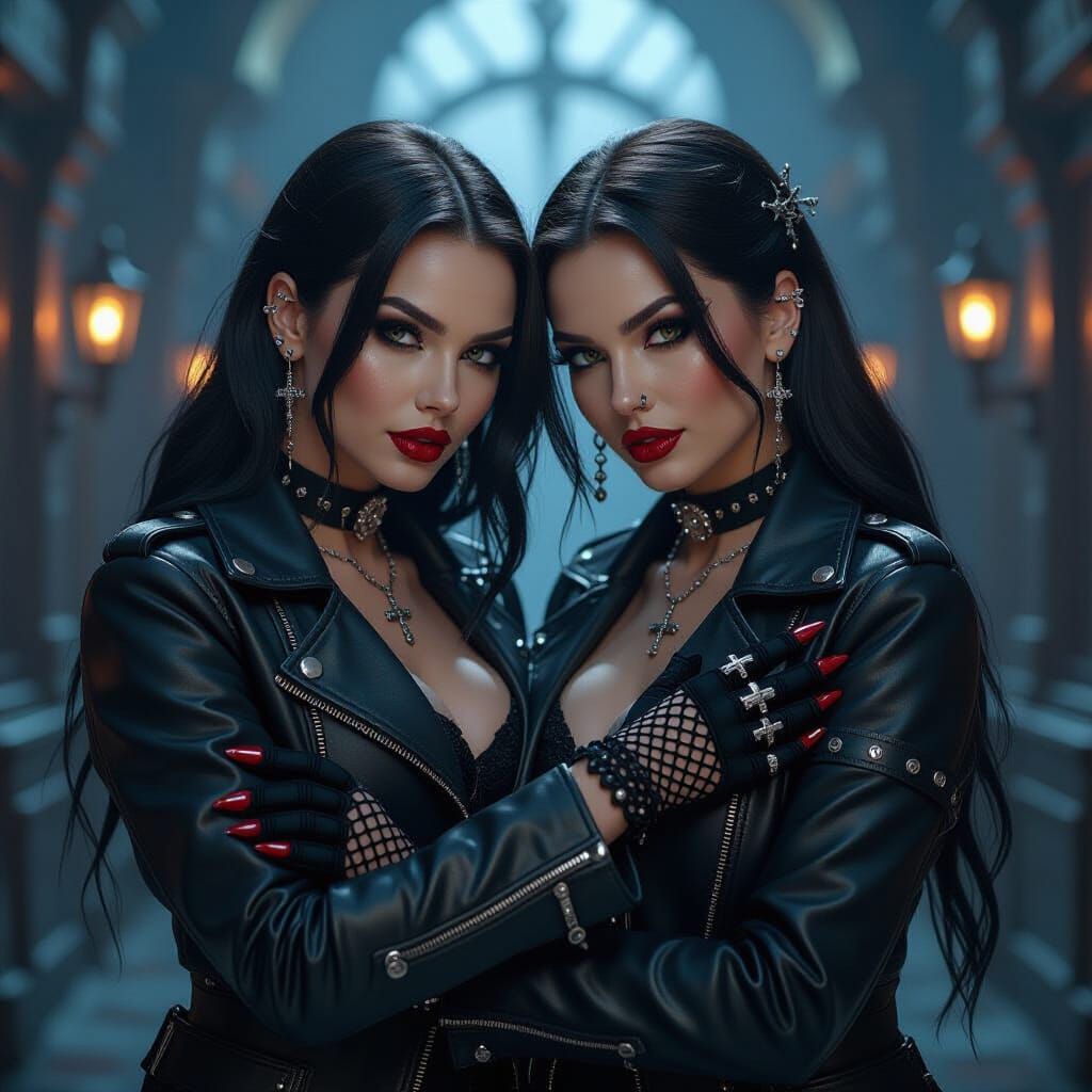 Gothic Women Embrace in Dark, Mysterious Setting