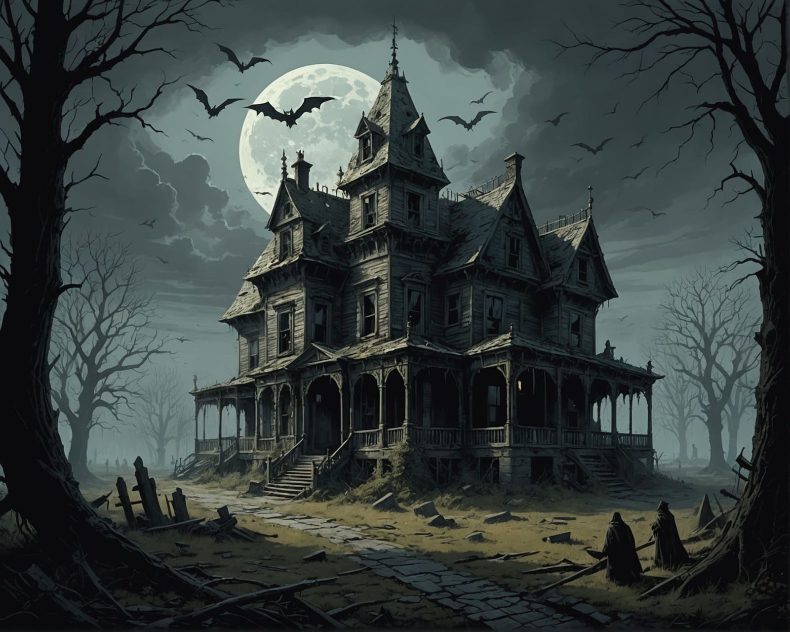 Haunted House with Spirits in Gothic Horror Style