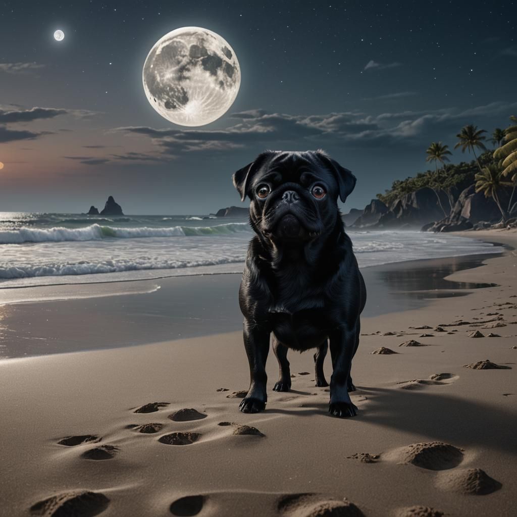 Black Pug on Beach Under the Moon