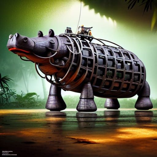 Mechanical Scrap Hippo in Tropical Jungle
