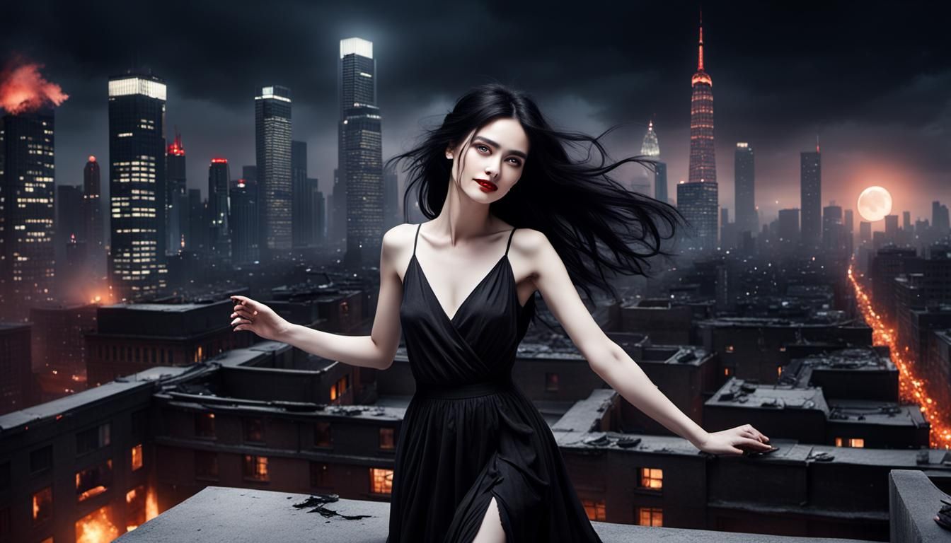 Girl Dancing on Ruined City Rooftop