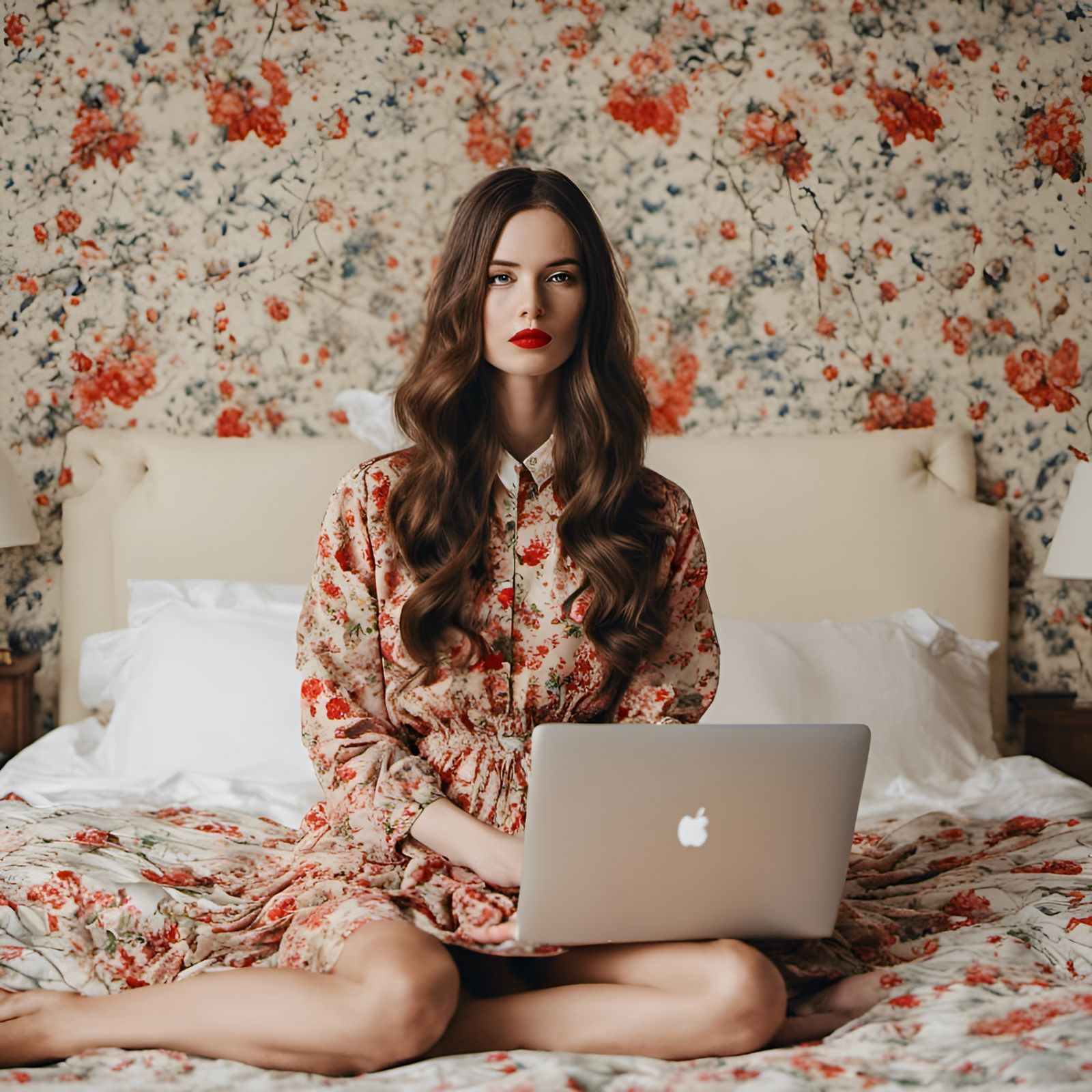 Brunette in Floral Dress in Wes Anderson Style