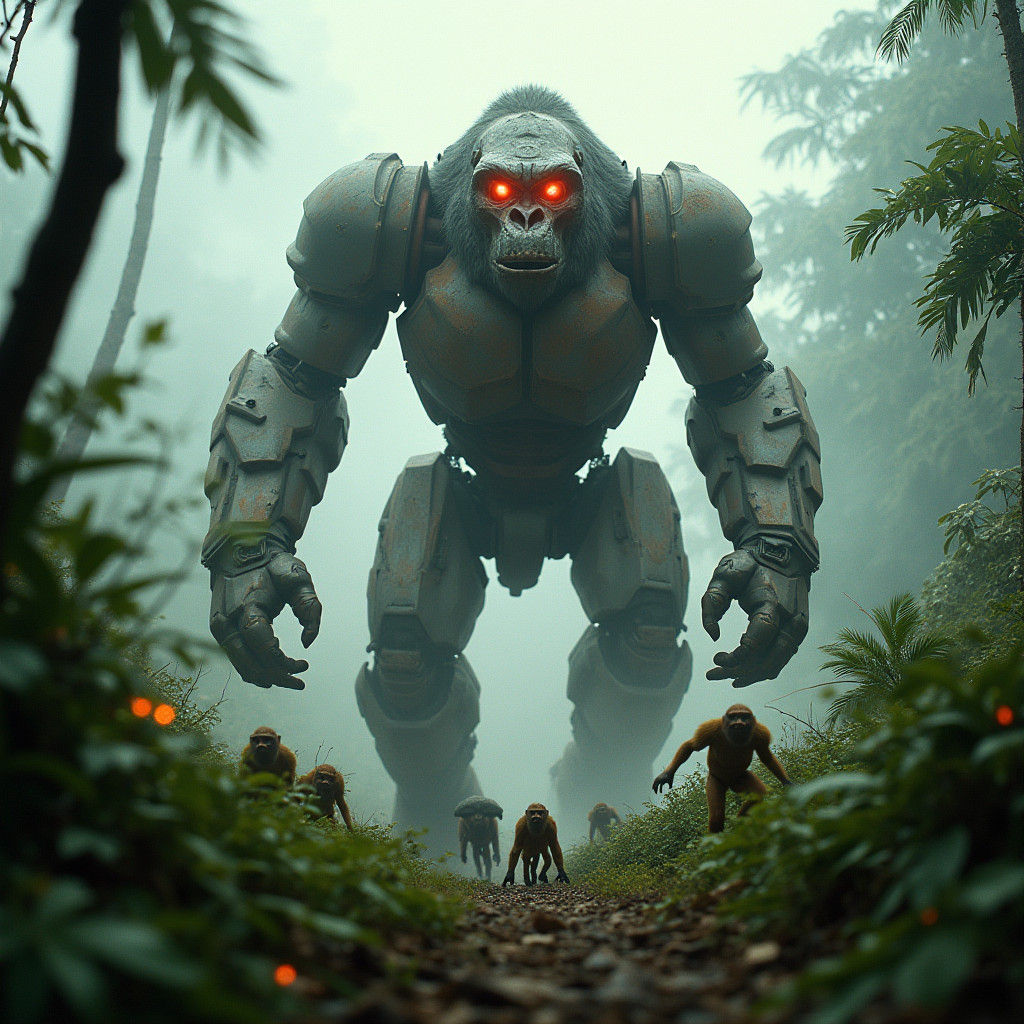 Metallic Gorilla Robot Rampage in Jungle Mist