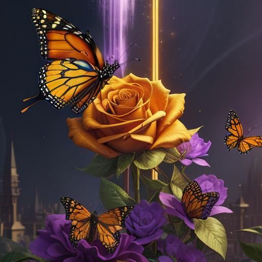 Golden Rose and Monarch Butterfly in Detailed Matte Painting