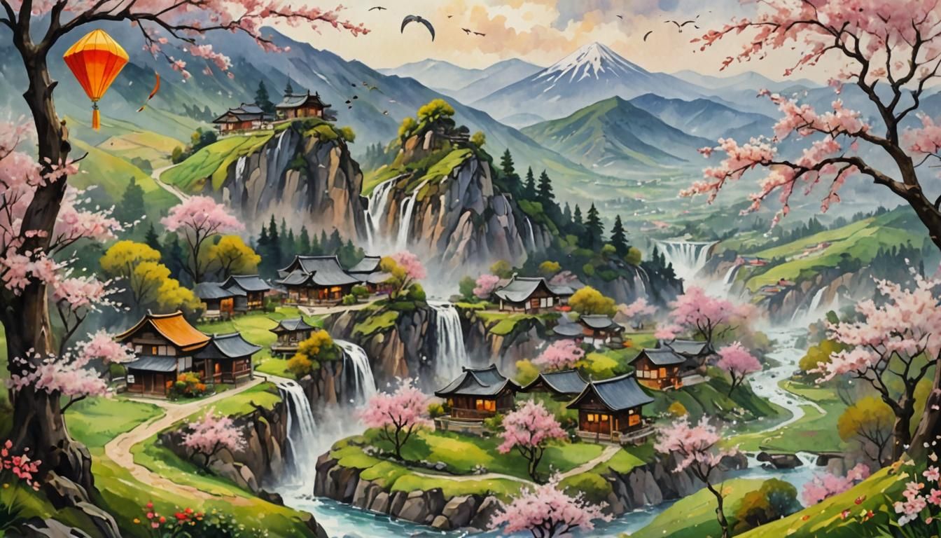 Sumi-e Kite Over Japanese Village with Dragon