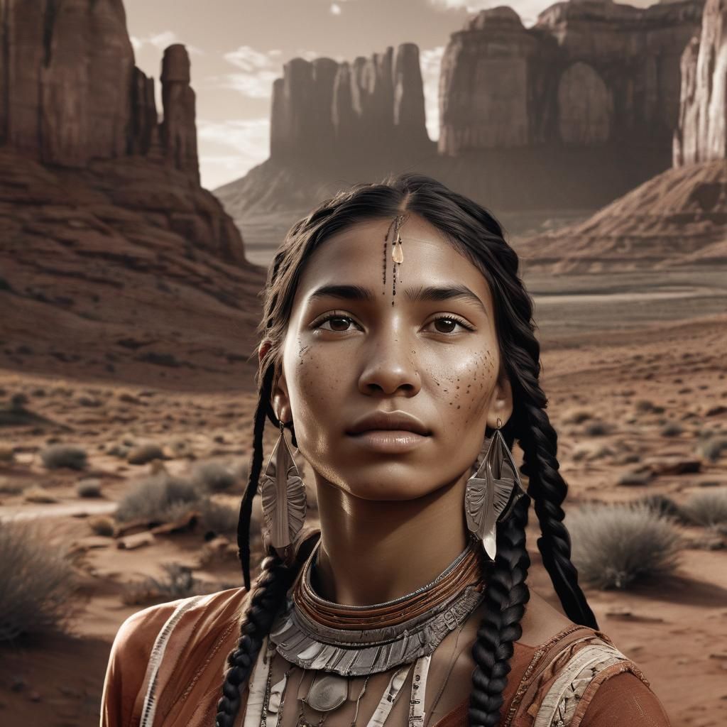 Jolie jeune femme indienne apache, souriante,  avec des tres...
