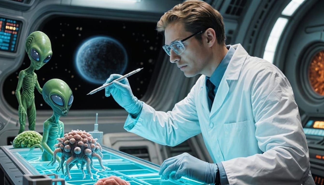 Scientist on the spaceship analizing alien lifeforms