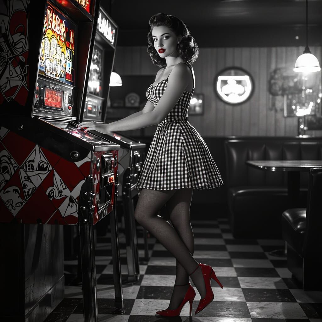 1960s Pinup Plays Pinball in Noir Bar