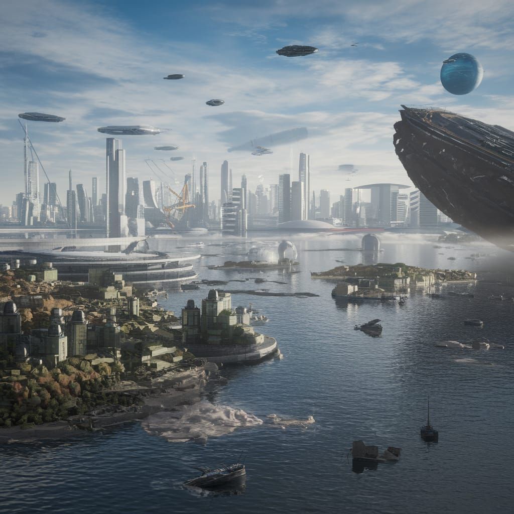 Floating Cities Over an Alien Water Planet