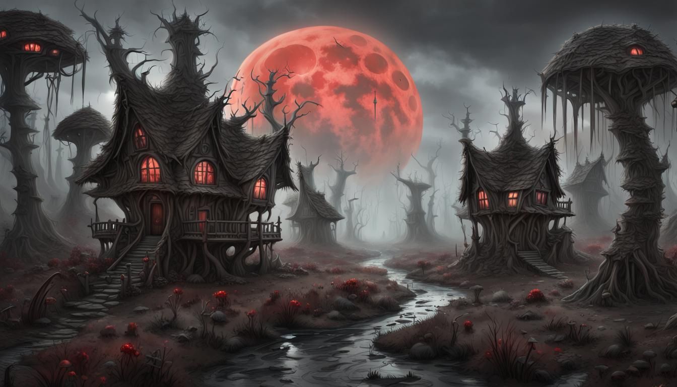 Scary Gothic Mushroom Village in Grayscale to Color Transiti...