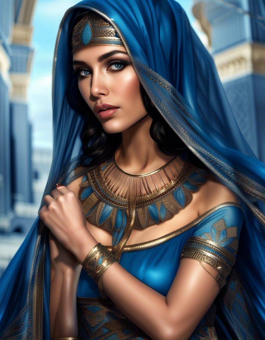 Egyptian Woman in Sheer Blue Dress, Digital Art