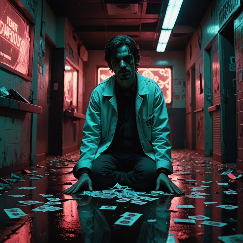 Bloodied Lottery Tickets in Neon-Noir Crime Scene