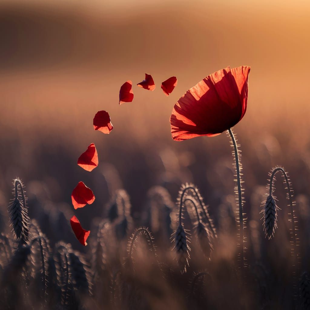 Red Poppy Falling Petals in Golden Wheat Field
