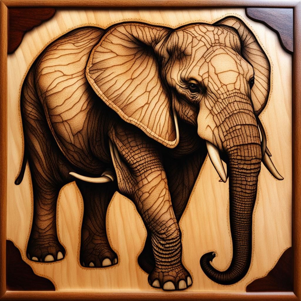 Elephant Pyrography Art: Detailed Burnt Wood Image