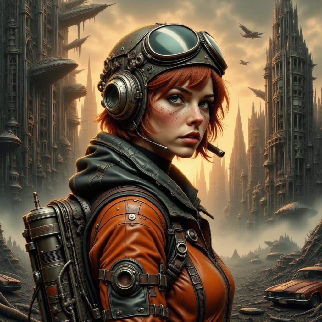 Female Space Pilot in Post-Apocalyptic Cityscape
