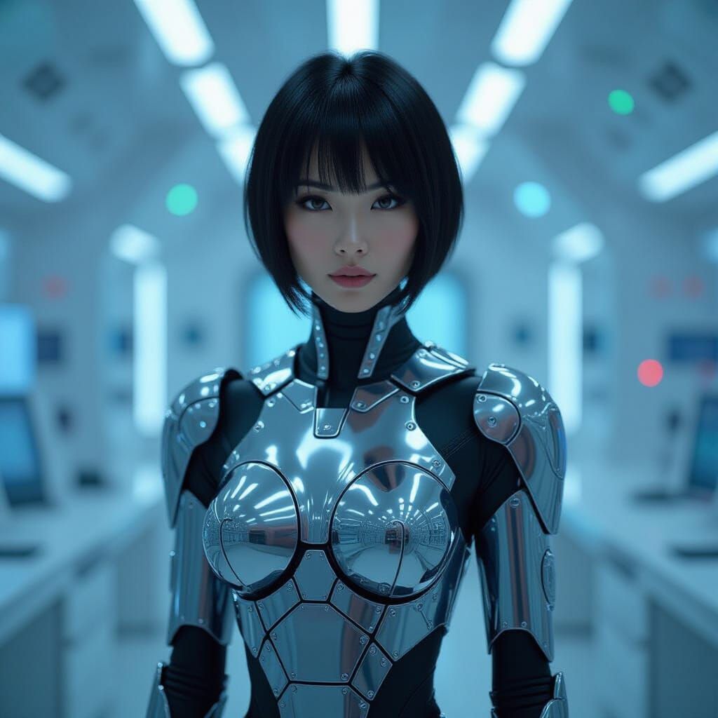 Cyborg Woman in Futuristic Lab, Hyperrealistic Rendering