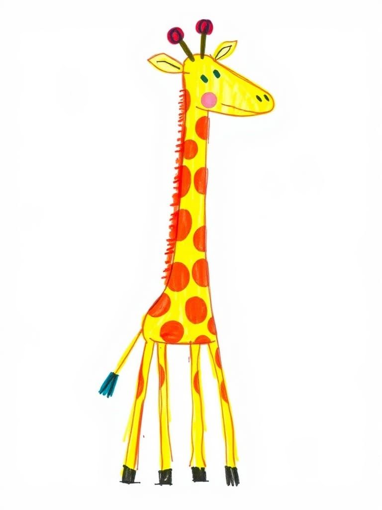 simple wonky crayon line art of a giraffe, drawn by a 5 year...
