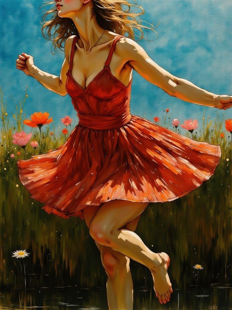 Woman Lifts Dress in Sun-Dappled Meadow