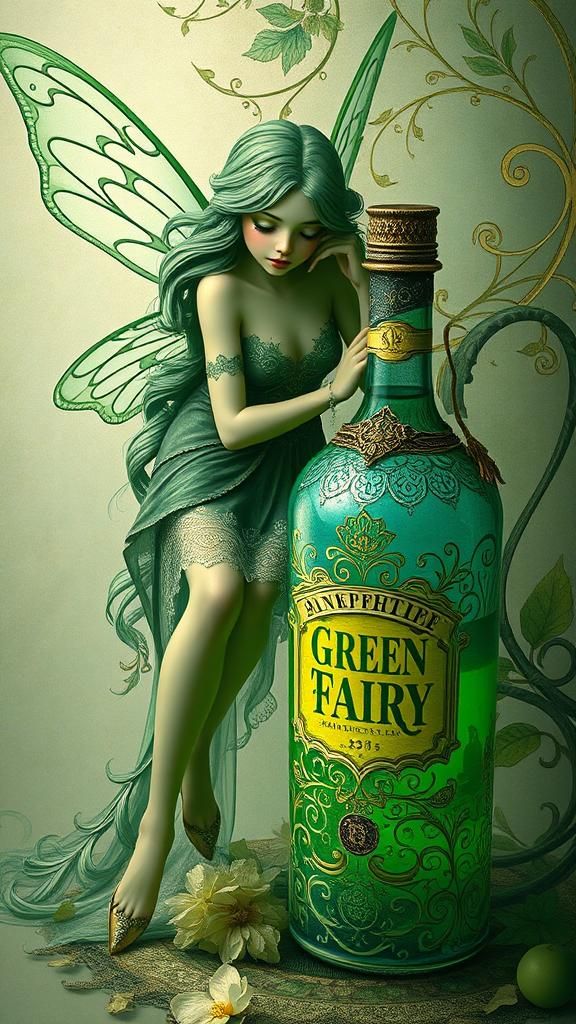 Ethereal Green Fairy with Absinthe in Art Nouveau Style