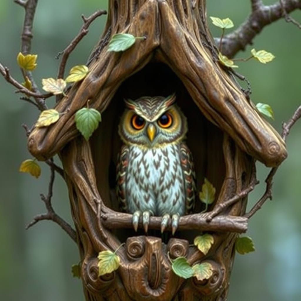 Owl Lord in Carved Birdhouse, Whimsical Fantasy Art
