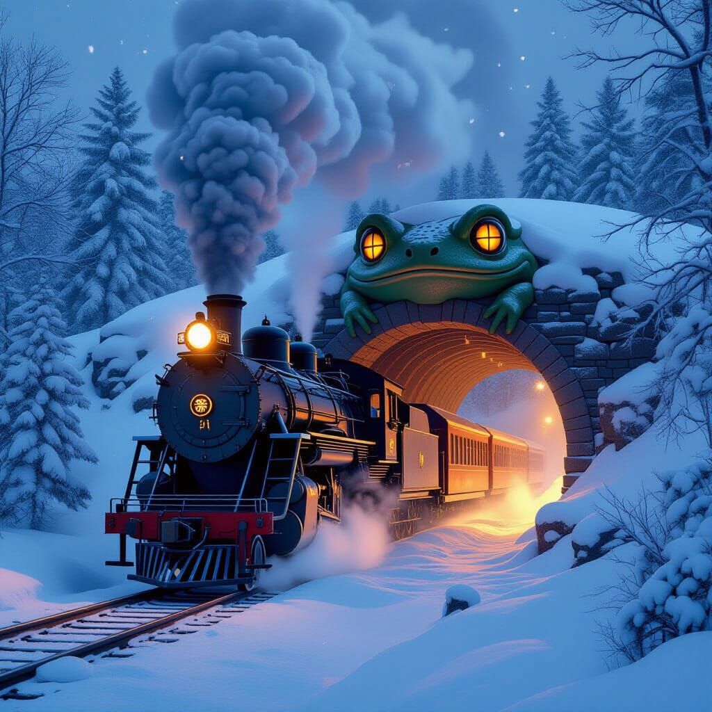 Frog Tunnel Steam Train in Winter Snow