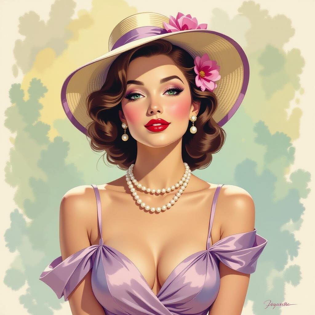 Watercolor Pin-Up Girl in Lithography Style