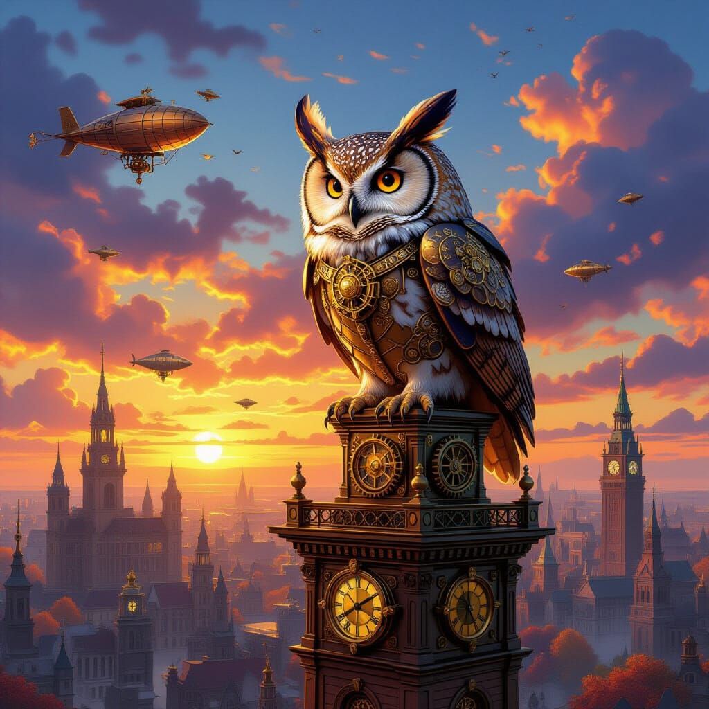 Steampunk Brass Owl Over Autumnal Clockwork City
