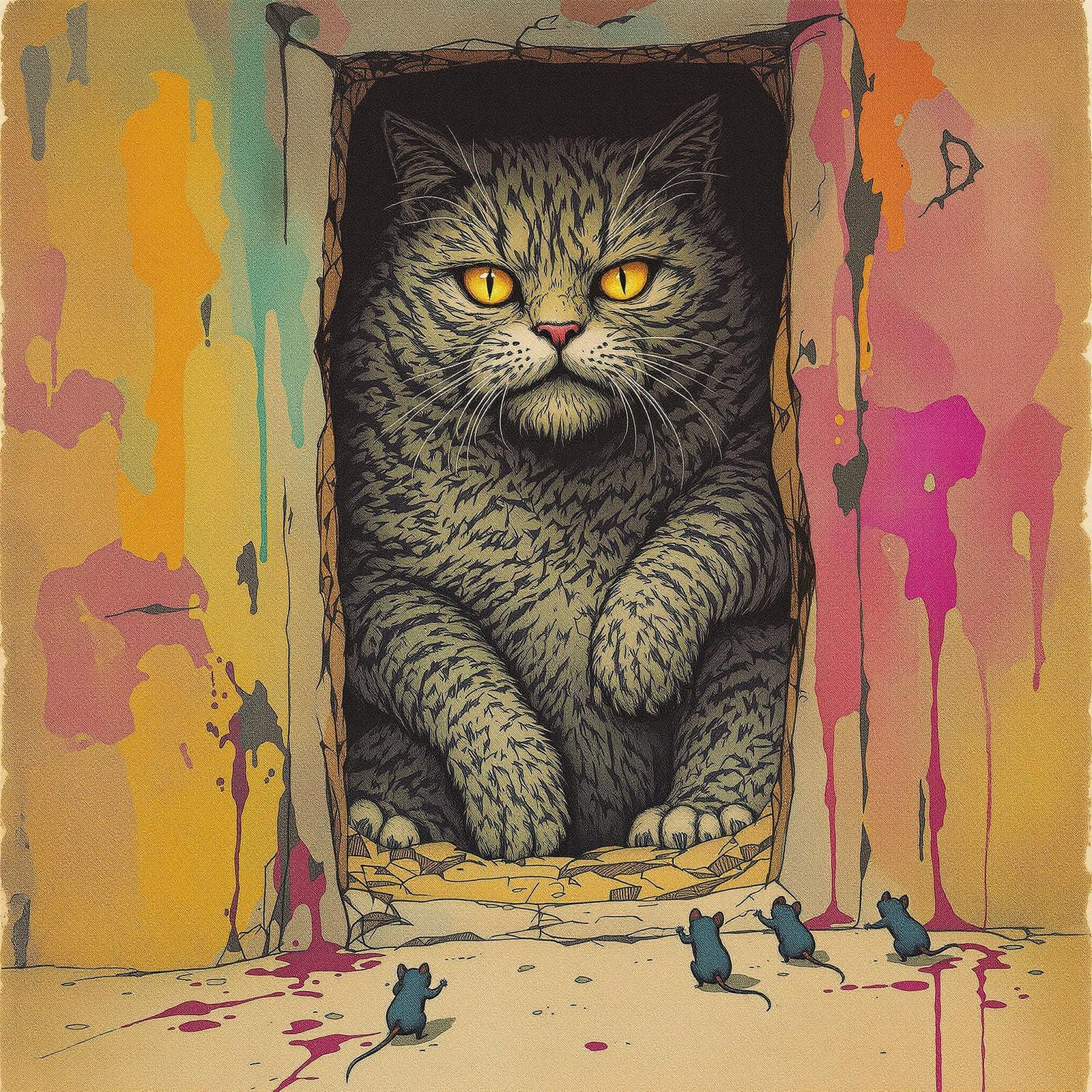 Humorous Fantasy Sketch: Giant Cat Stuck in Cat Flap