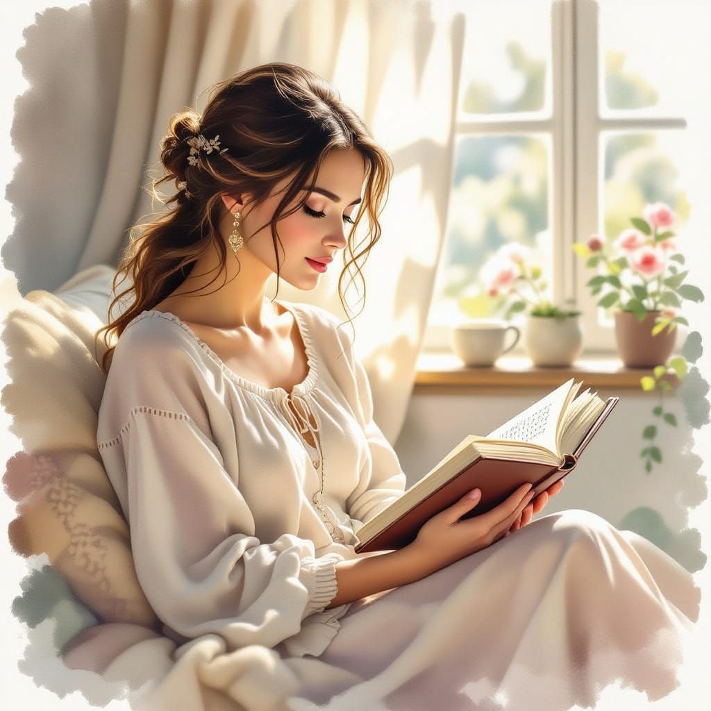 Contemplative Woman with Prayer Journal in Watercolor Style