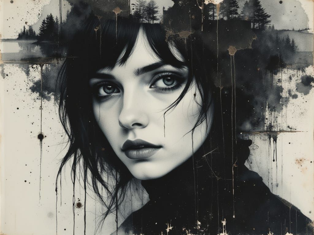 Ethereal Gothic Woman Portrait in Watercolor and Ink