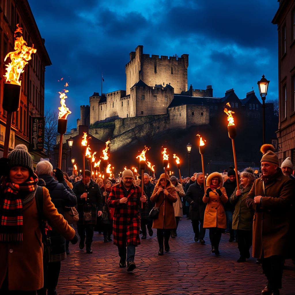 Traditional Scots Parade in Edinburgh Winter Night