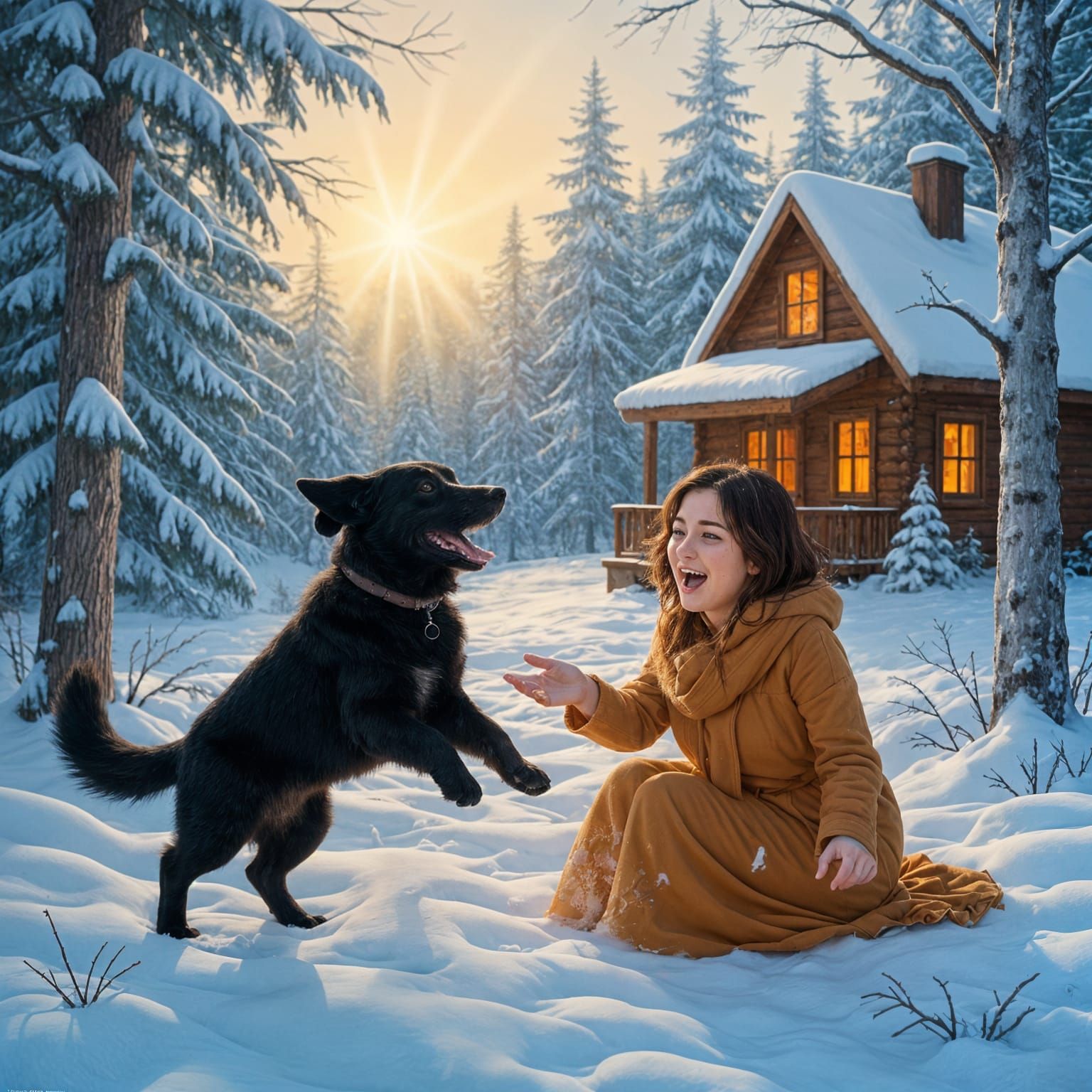 Winter Cabin at Dawn with Woman and Dog
