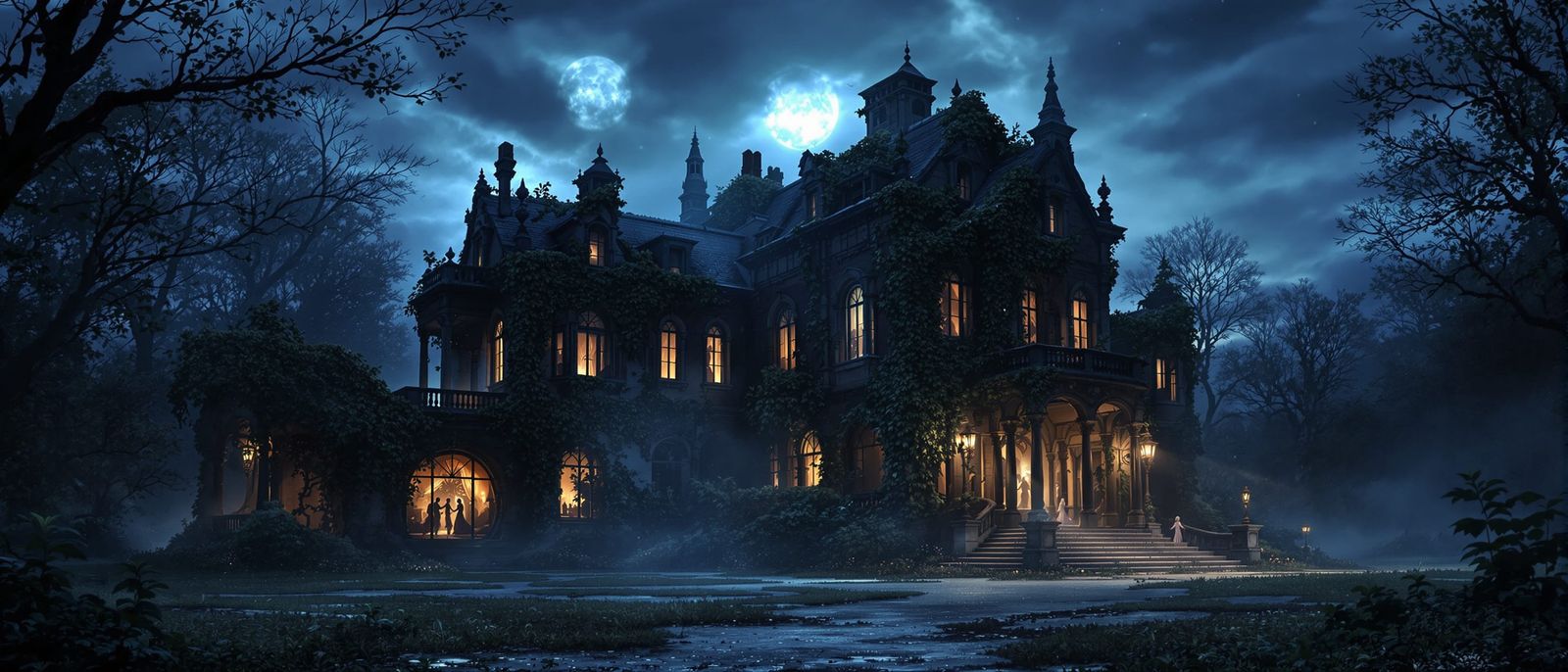 Abandoned Villa with Spectral Dancers at Twilight