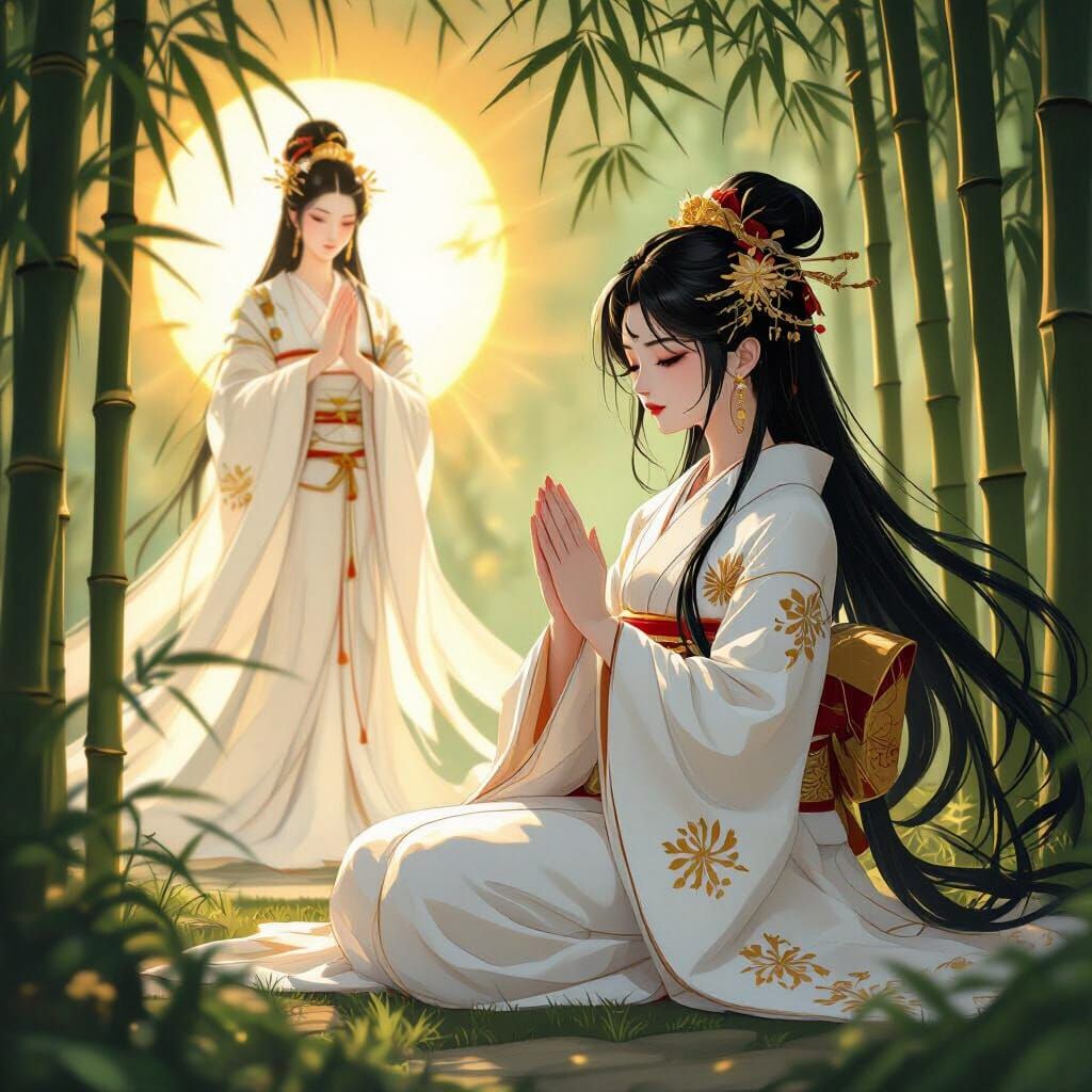 Demoness Praying to Sun Goddess in Digital Art Style