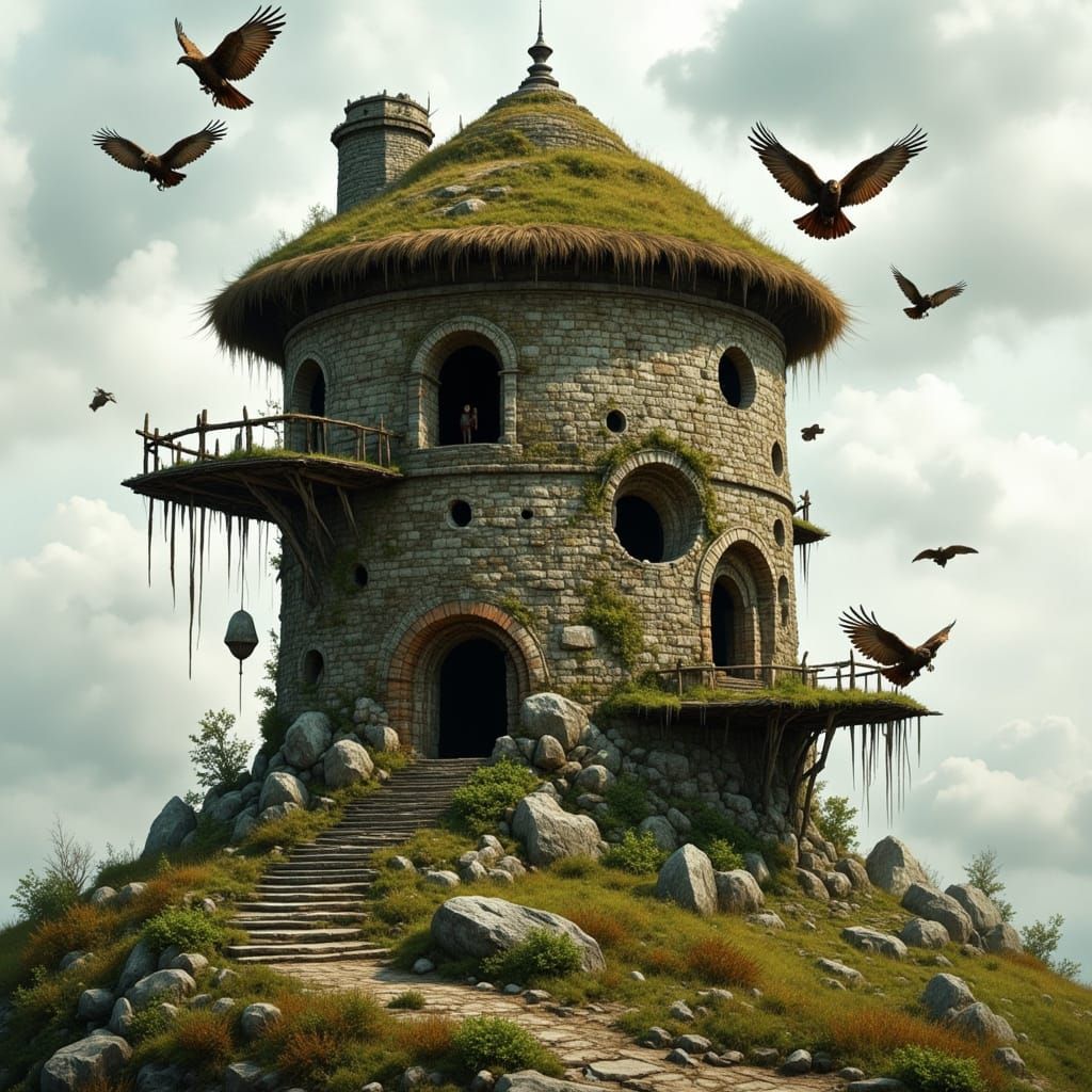 Mossy Stone Tower on a Hill in Atmospheric Art