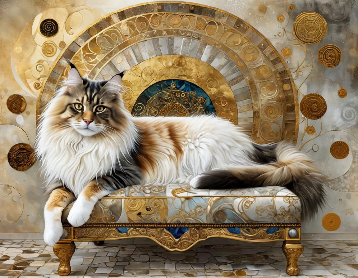 Main Coon Cat on Chaise Lounge in Klimt Style