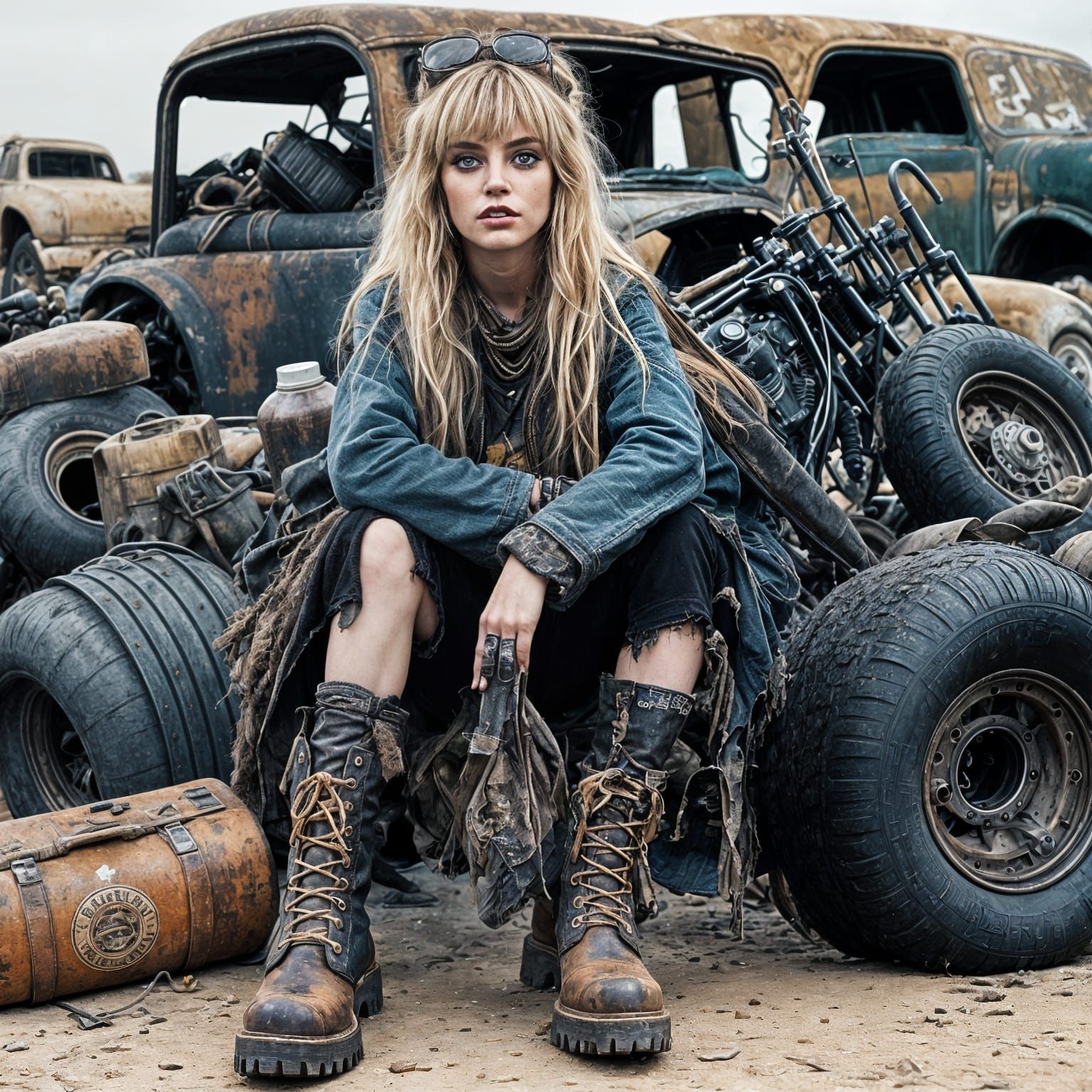 Wasteland Woman on Harley in Desert Photo