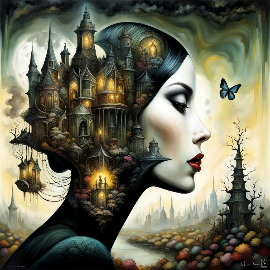 Dark Surrealist Dreamscape Double Exposure