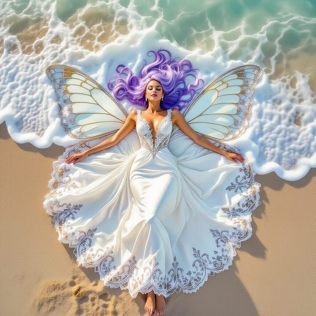 Ethereal Woman on Sea Foam: Hyper-Realistic Photography