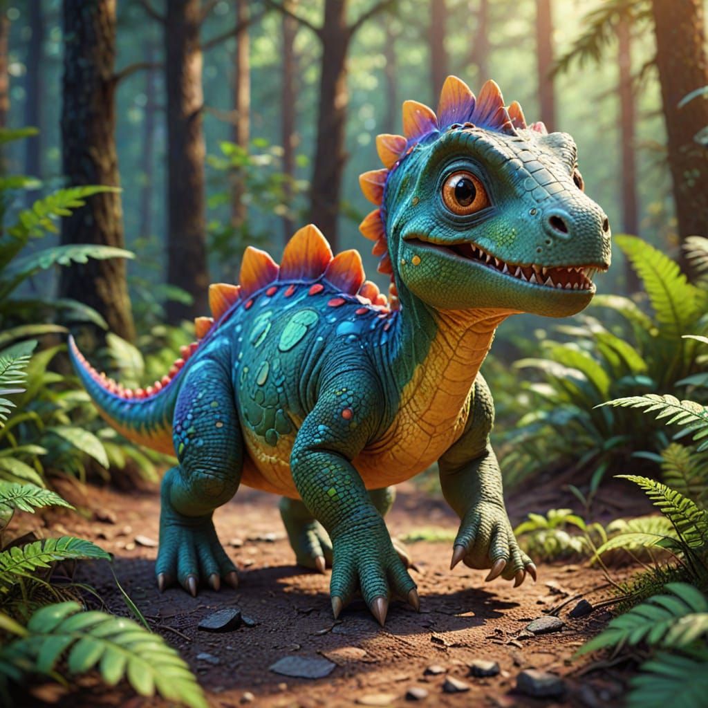 Adorable Baby Dinosaur in Forest: 3D Render
