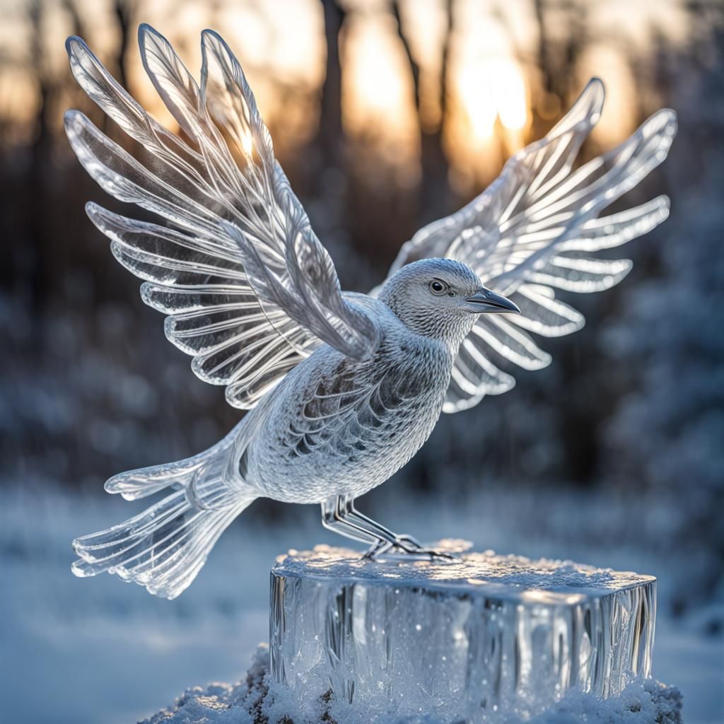 Intricate Ice Bird Sculpture on Branch