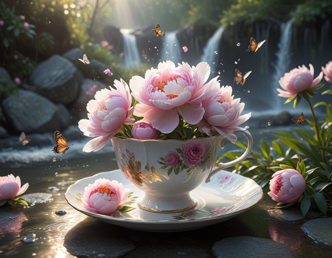 Surreal Teacup Blooming with Peonies and Waterfall
