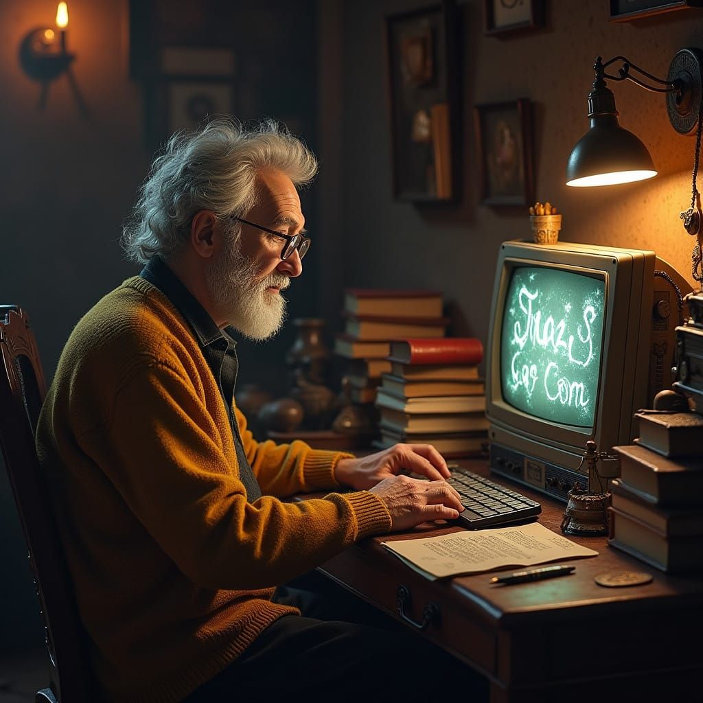 Elderly Man in Cozy Study Surrounded by Ancient Tomes and My...