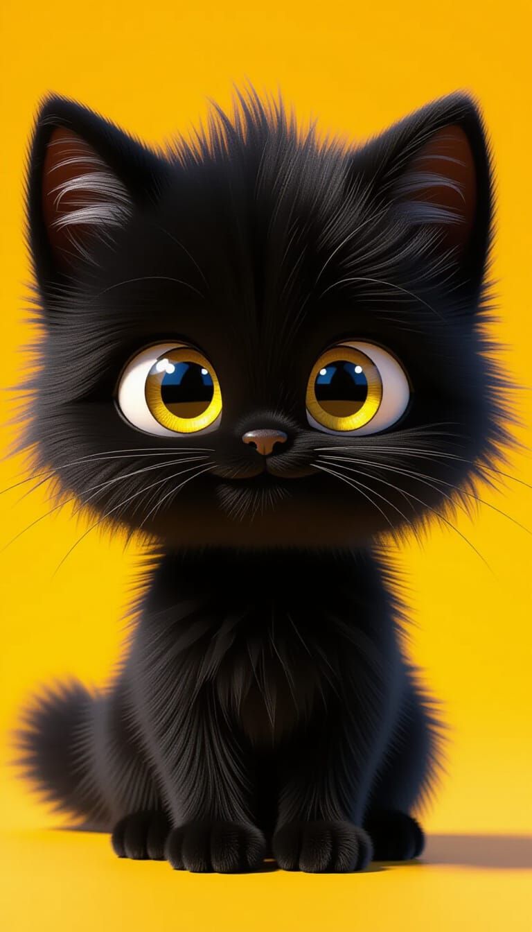 Adorable Fluffy Black Creature with Glowing Eyes in Pixar St...