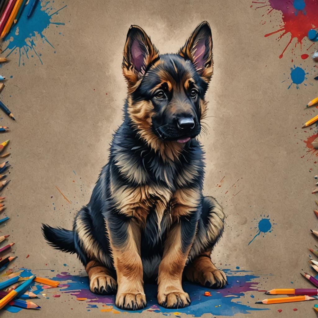Colorful Pencil Sketch of German Shepherd Puppy
